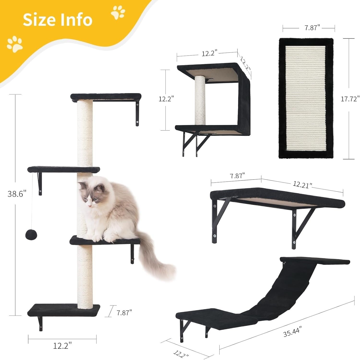 Durable Cat Wall Furniture - 5pcs Wooden Shelves, Bridge & Scratcher for Cats