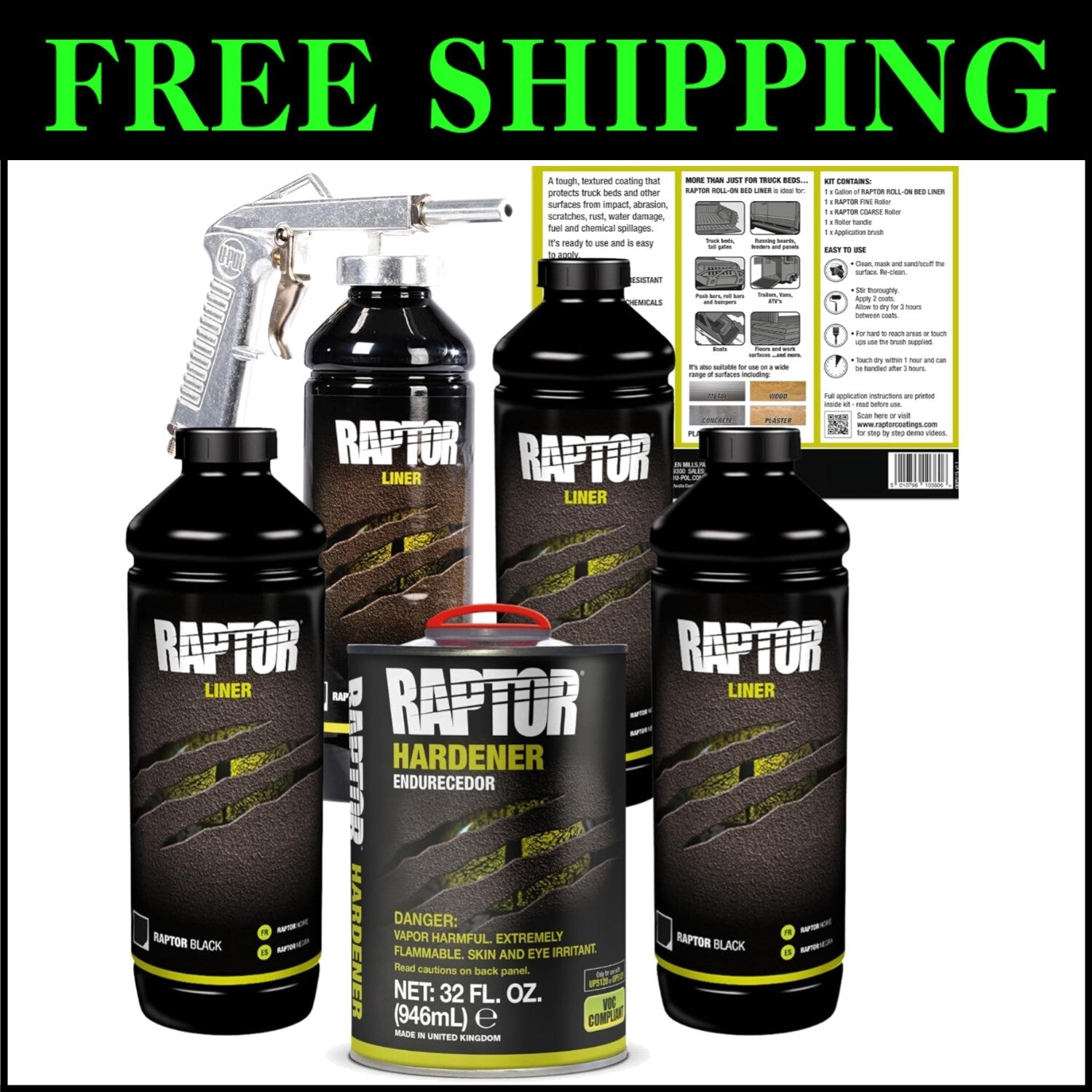 Raptor Tough Spray-On Bed Liner Kit with Rapid-Drying Flexibility for Trucks