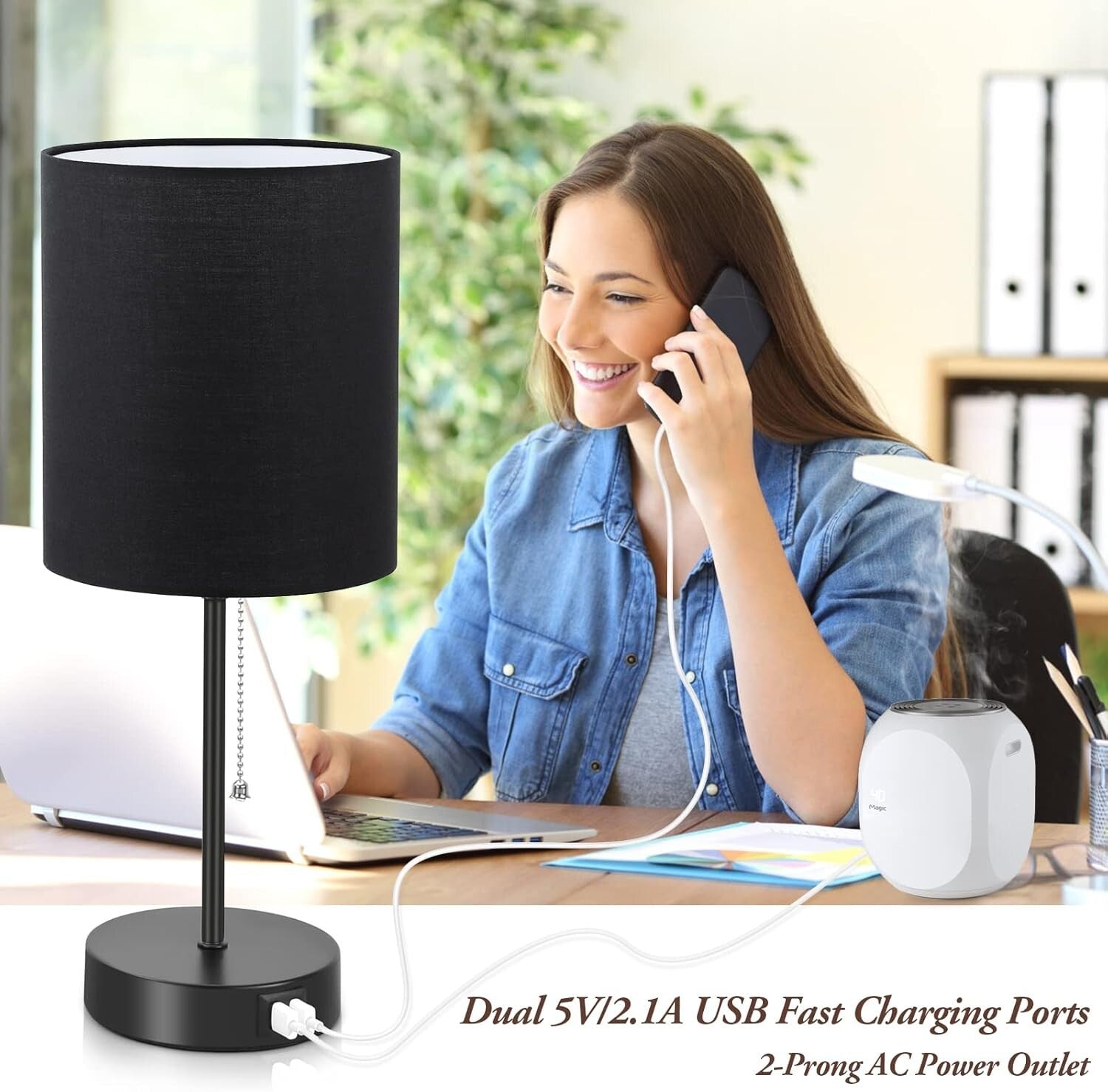 Contemporary Black Table Lamps Set with AC Outlet & Fabric Shade for Ambiance