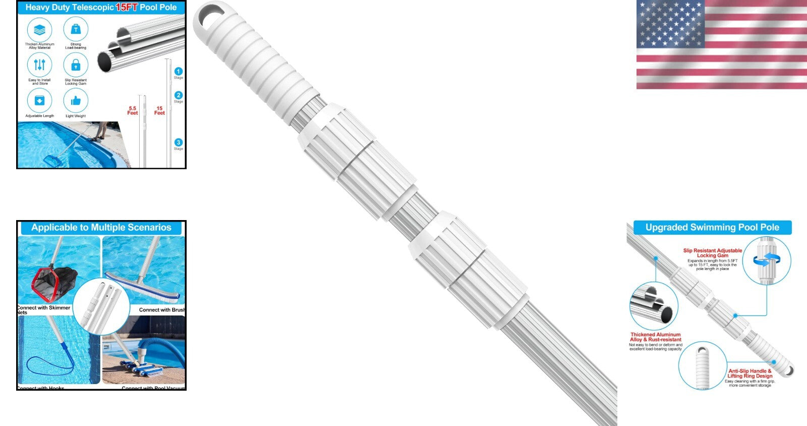 15ft Telescopic Aluminum Pool Cleaning Pole - Heavy Duty, Slip Resistant Design