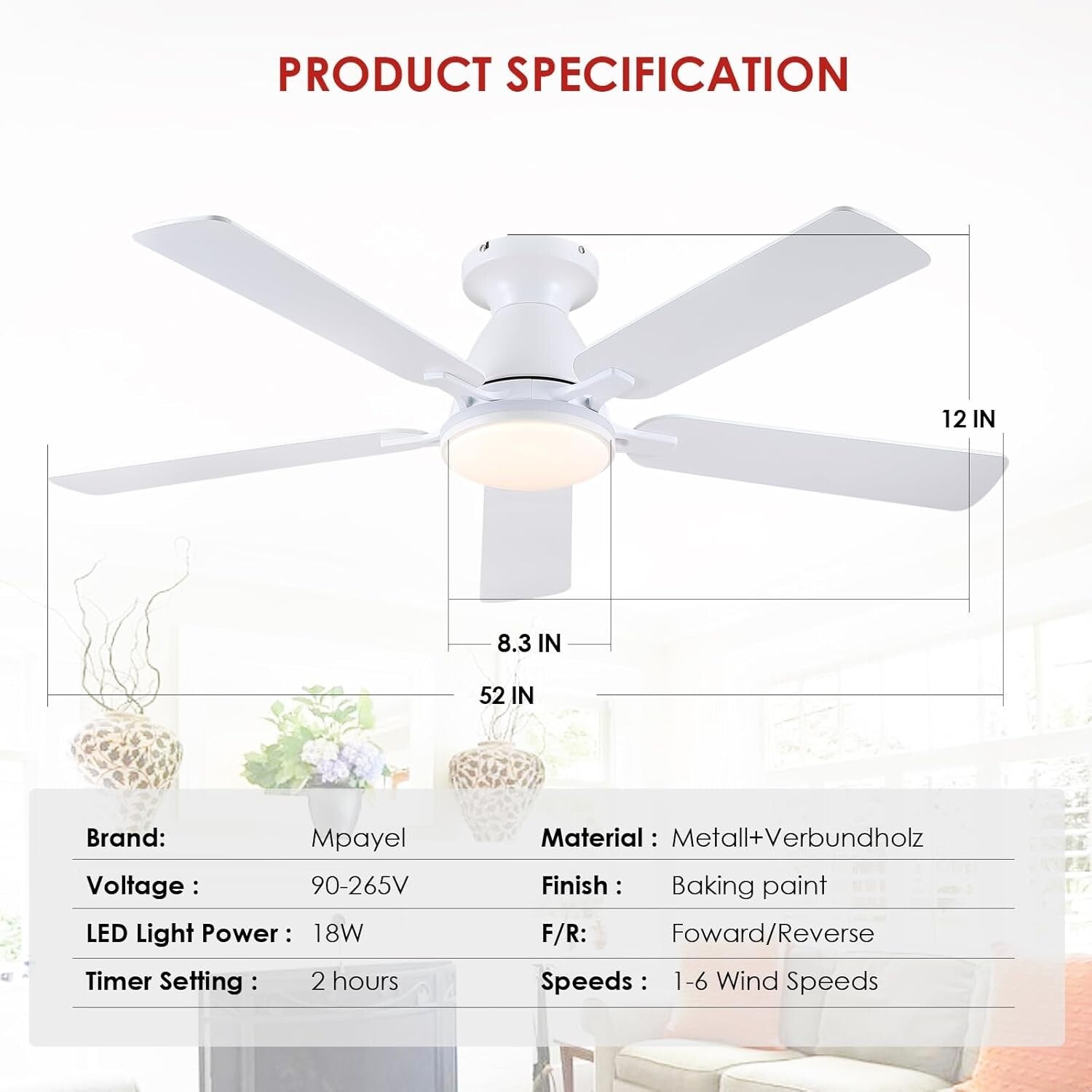 52" RGB Low Profile Ceiling Fan with LED Light & Remote Control - Sleek Design