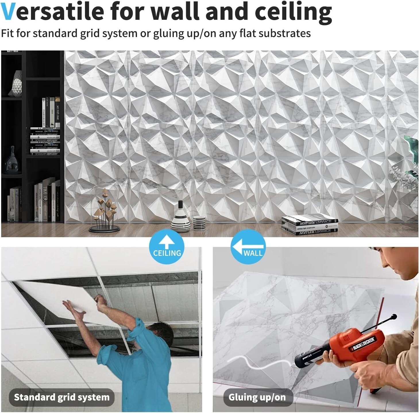 Diamond Design 3D PVC Wall Panels - Glossy White Marble for Elegant Interiors