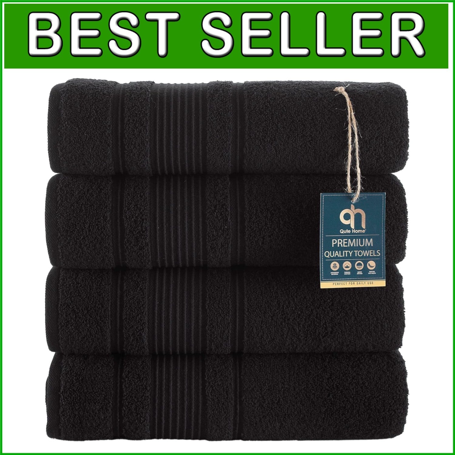Durable Black Turkish Cotton Bath Towels Set - 4 Plush and Quick-Dry Towels