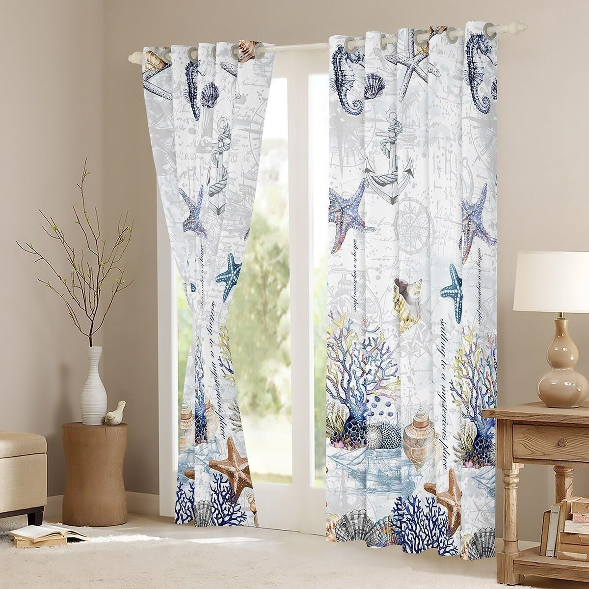 Playful Marine Curtains Set, Blackout Function in Starfish Design, 52x96 Inches