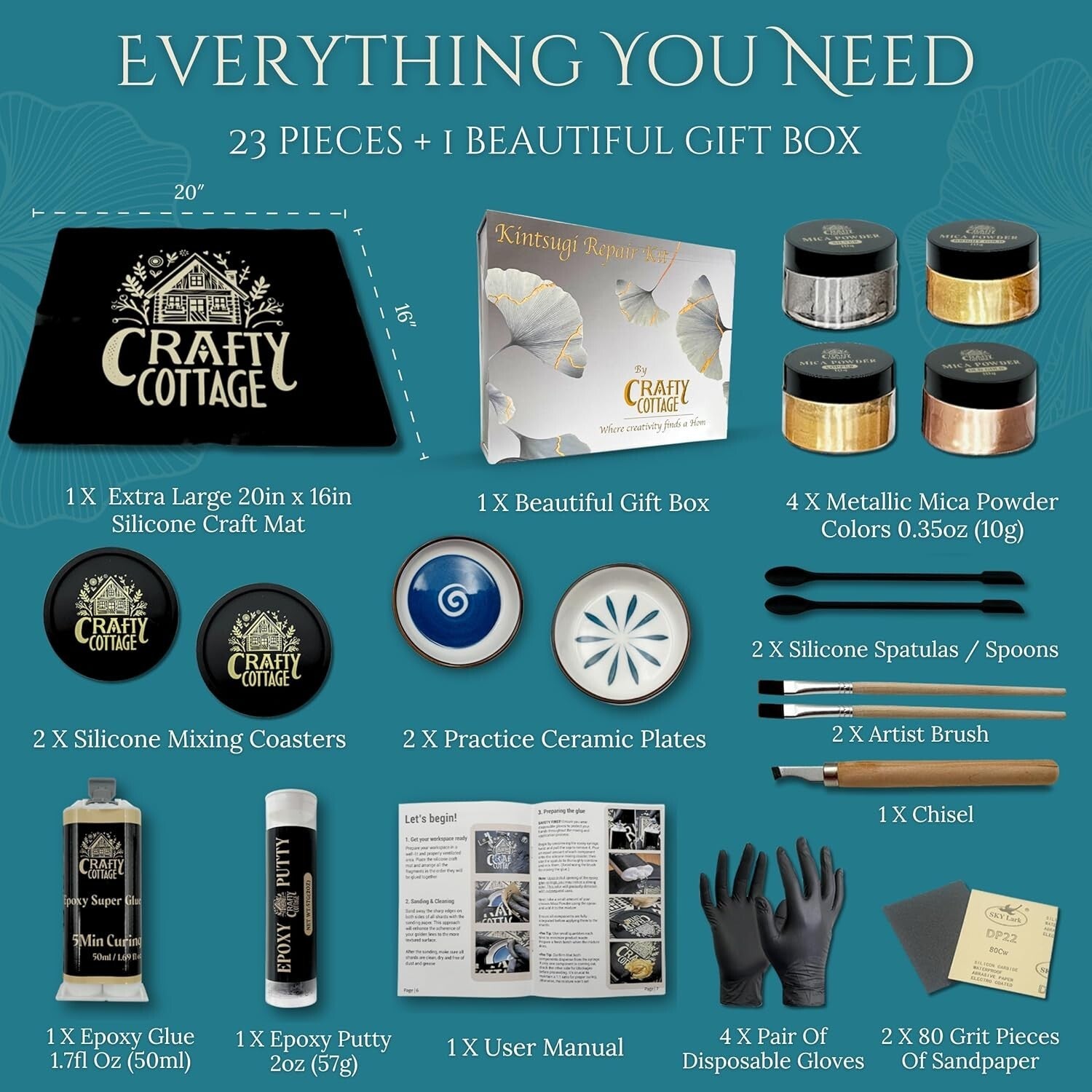 All-in-One Kintsugi Ceramic Repair Kit with Epoxy Glue, Tools & Instructions