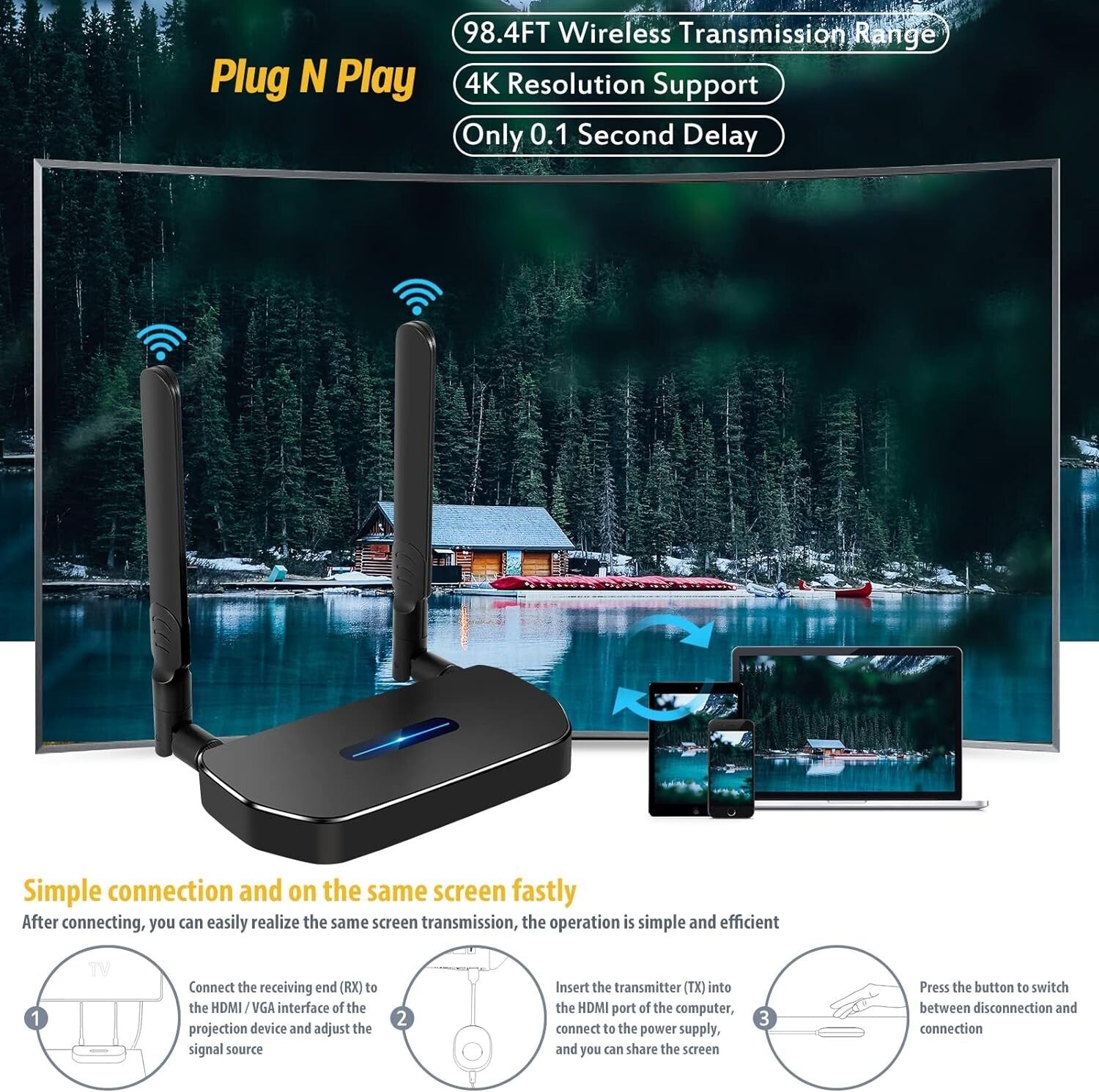 4K HDMI Wireless Transmitter Kit with Receiver - Effortless Device Switching