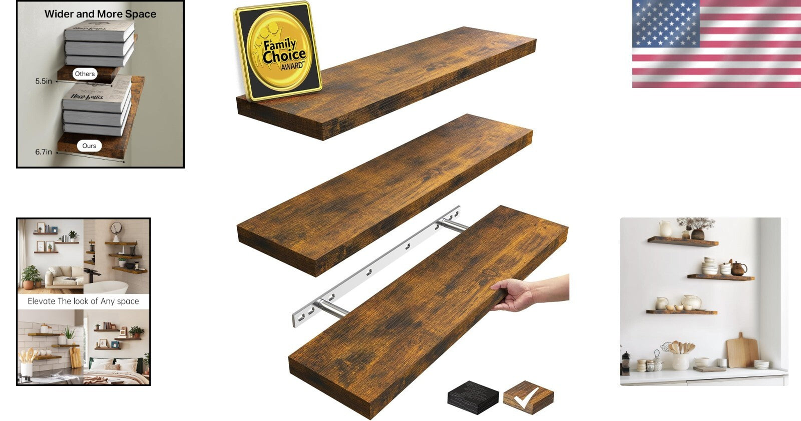 Versatile 22.5-Inch Rustic Wood Floating Shelves for Bathroom & Living Room