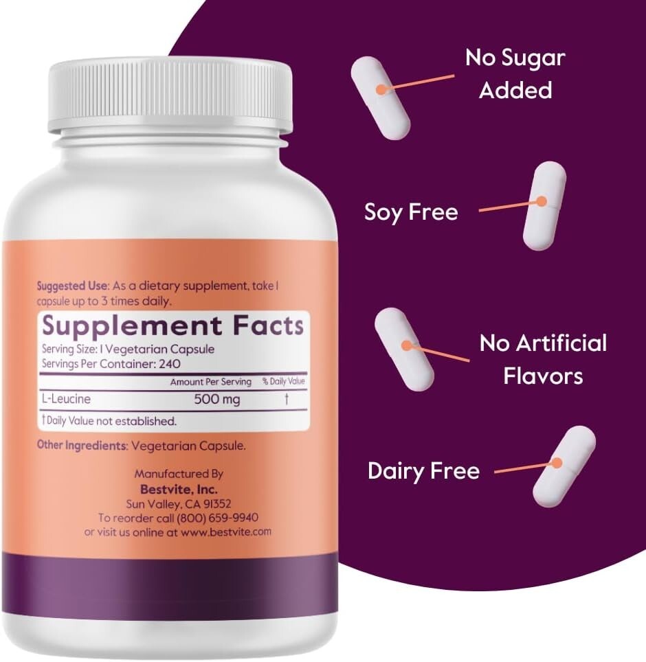 500mg L-Leucine Capsules (480 Veg Caps) - Pure Protein Synthesis Support
