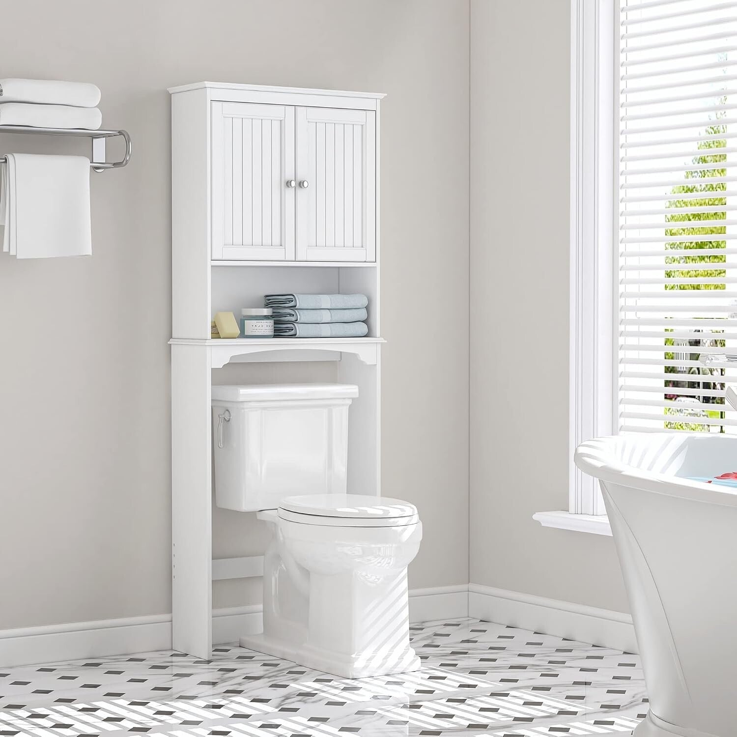 Elegant White Over Toilet Storage Cabinet with Adjustable Shelves for Bathrooms