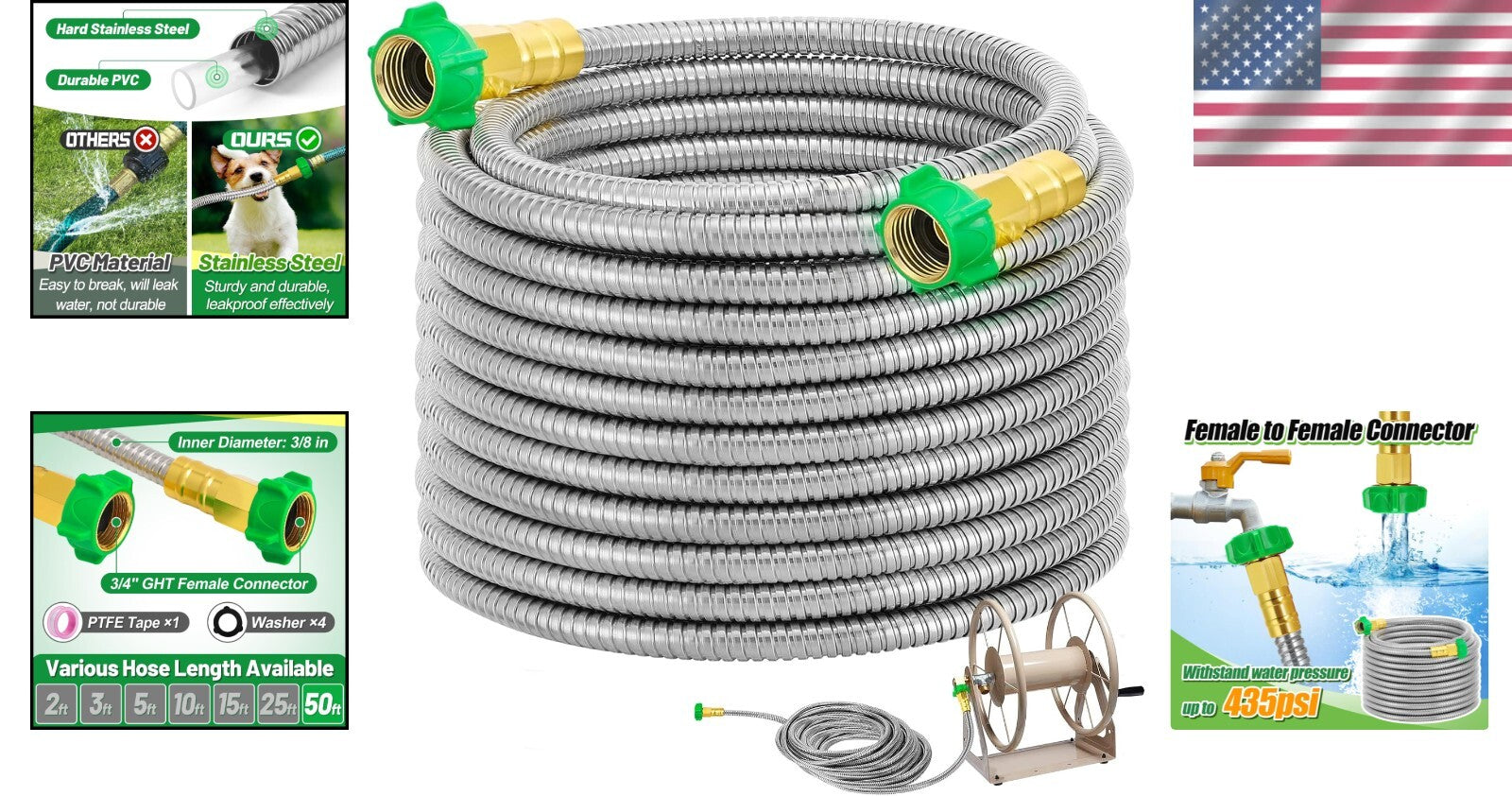 50ft Metal Garden Hose - Heavy Duty Leakproof Stainless Steel for All Your Needs