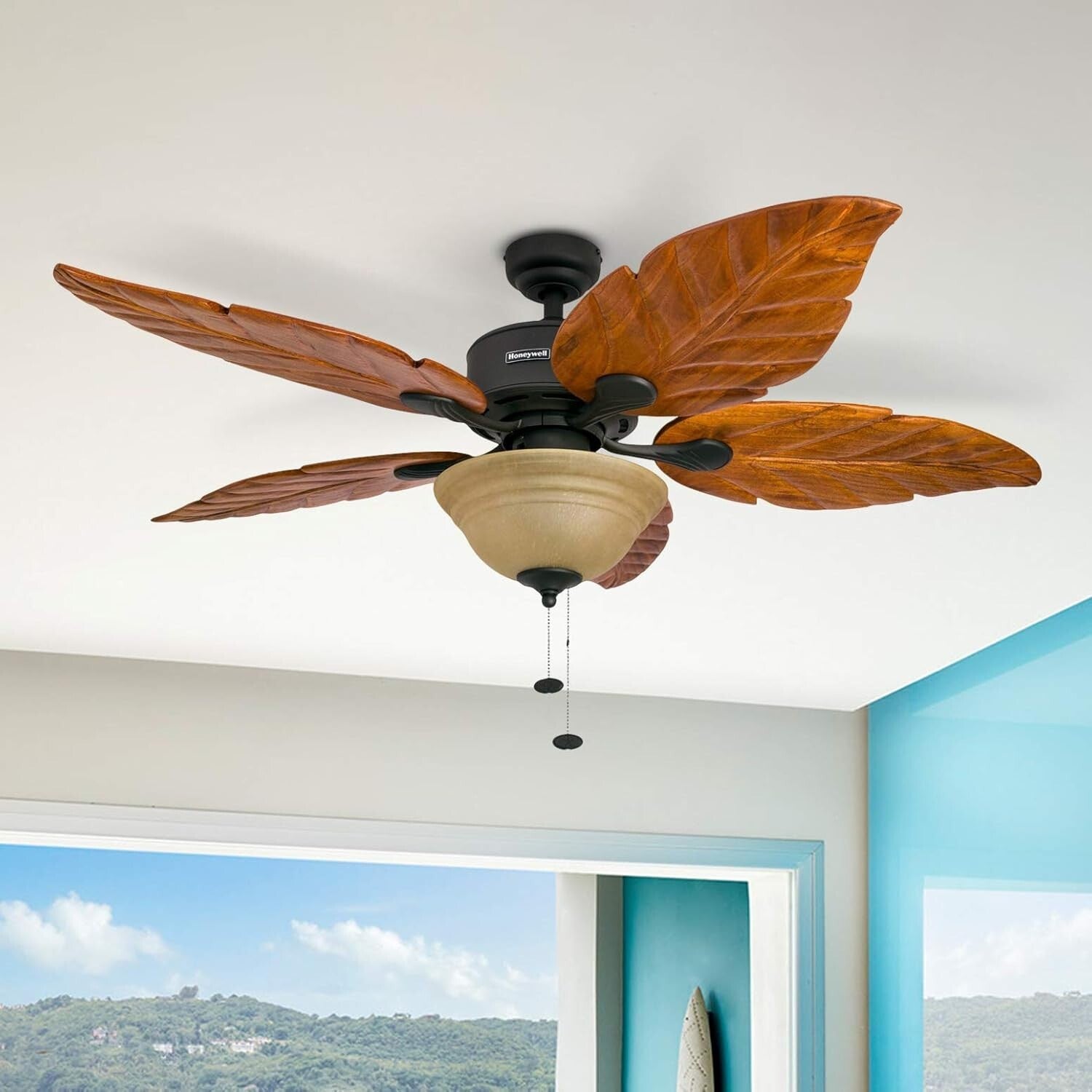 Royal Palm 52" Tropical LED Ceiling Fan with Pull Chain & Hand-Carved Blades
