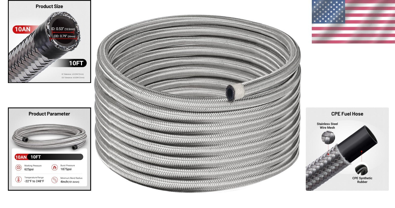 Versatile 10FT 10AN Braided Hose for Fuel, Oil, and Hydraulic Fluid Applications