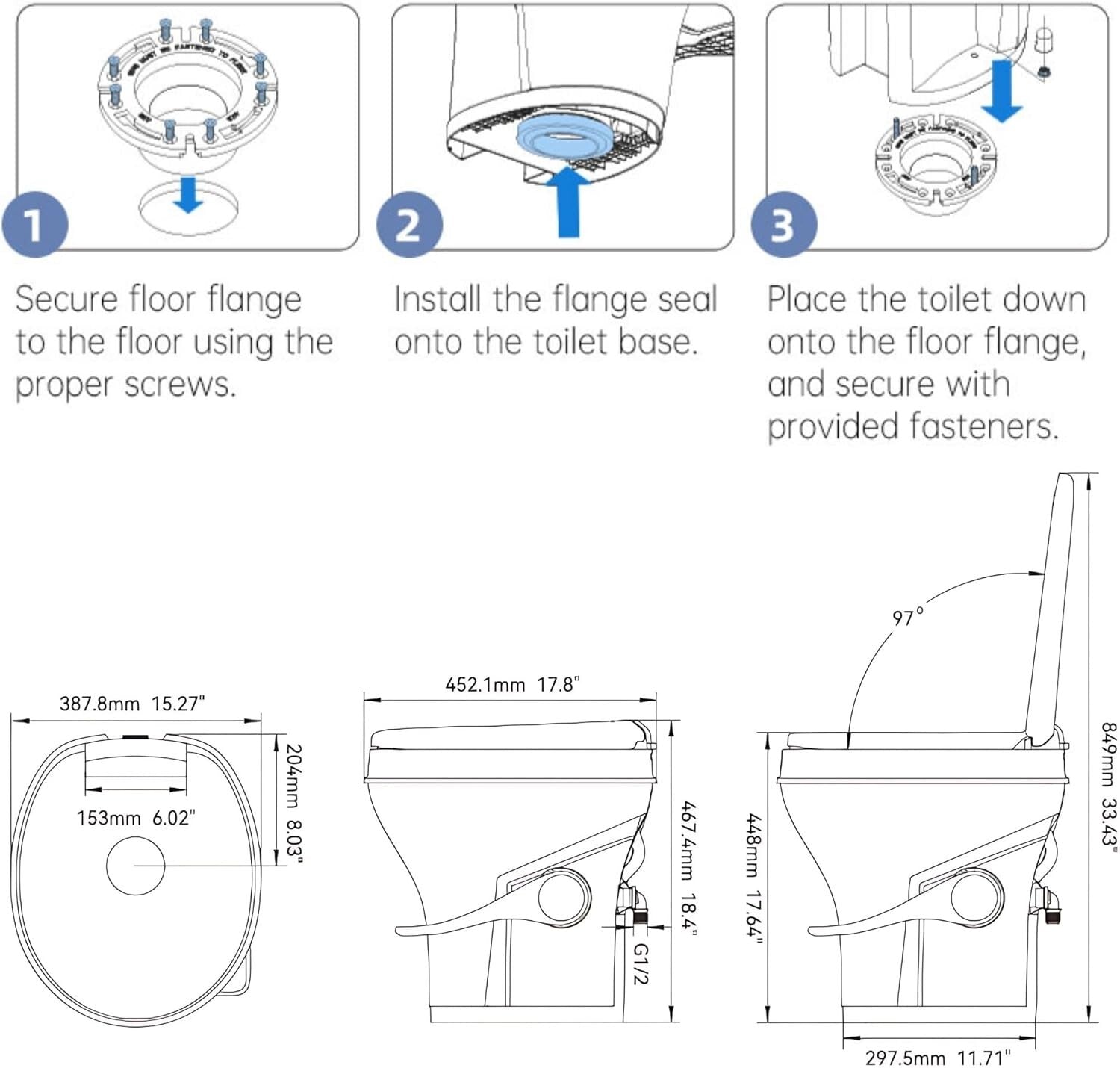 Durable 18.5” Gravity Flush Toilet for RVs with Quick Installation Features