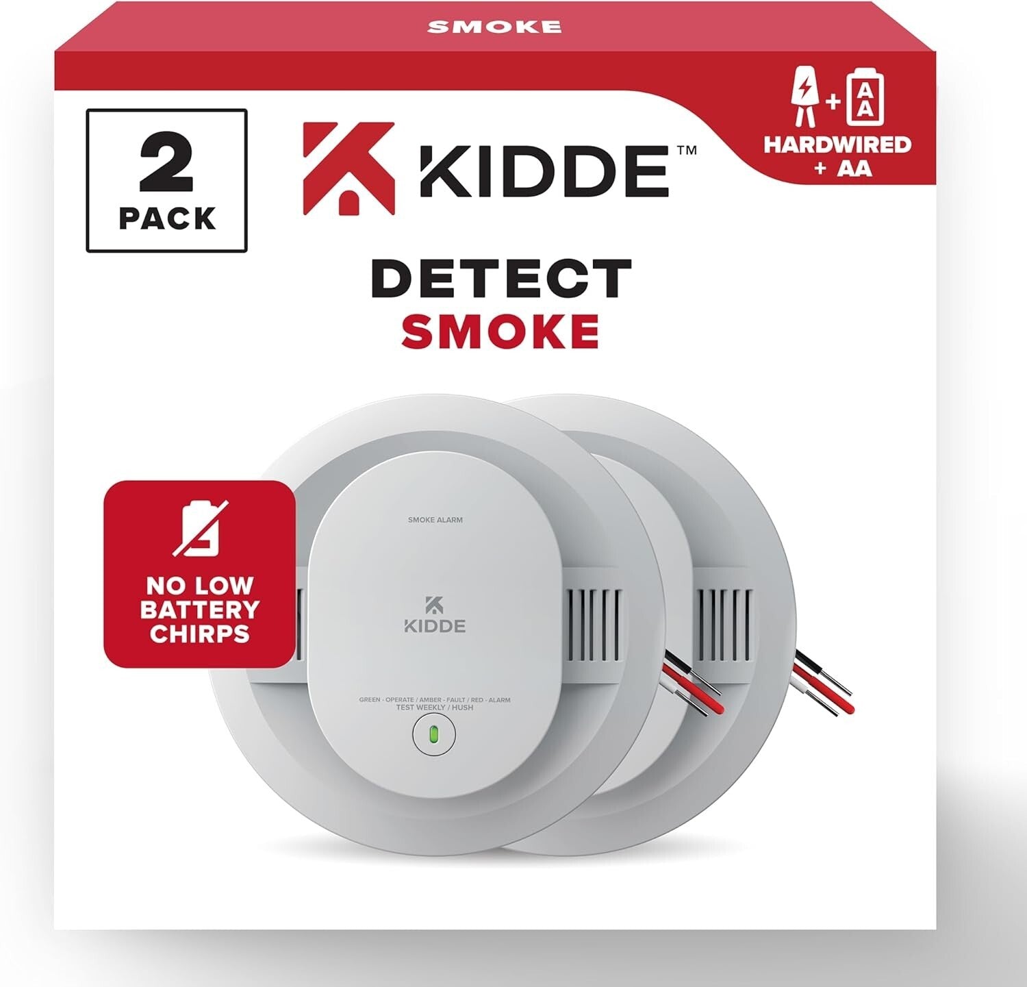 Photoelectric Hardwired Smoke Detector with Battery Backup, Complete 2 Pack
