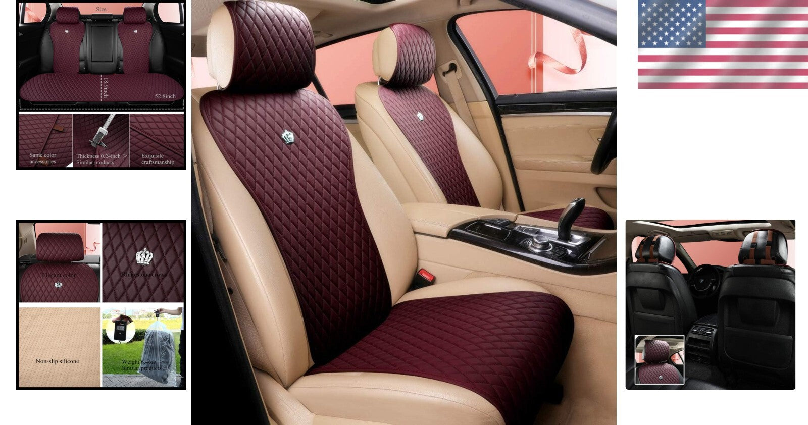 Luxury Leather 11PCS Car Seat Covers - Universal Fit Wine Red Crown Style