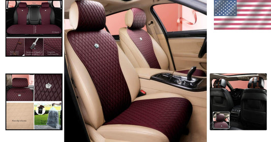 Luxury Leather 11PCS Car Seat Covers - Universal Fit Wine Red Crown Style