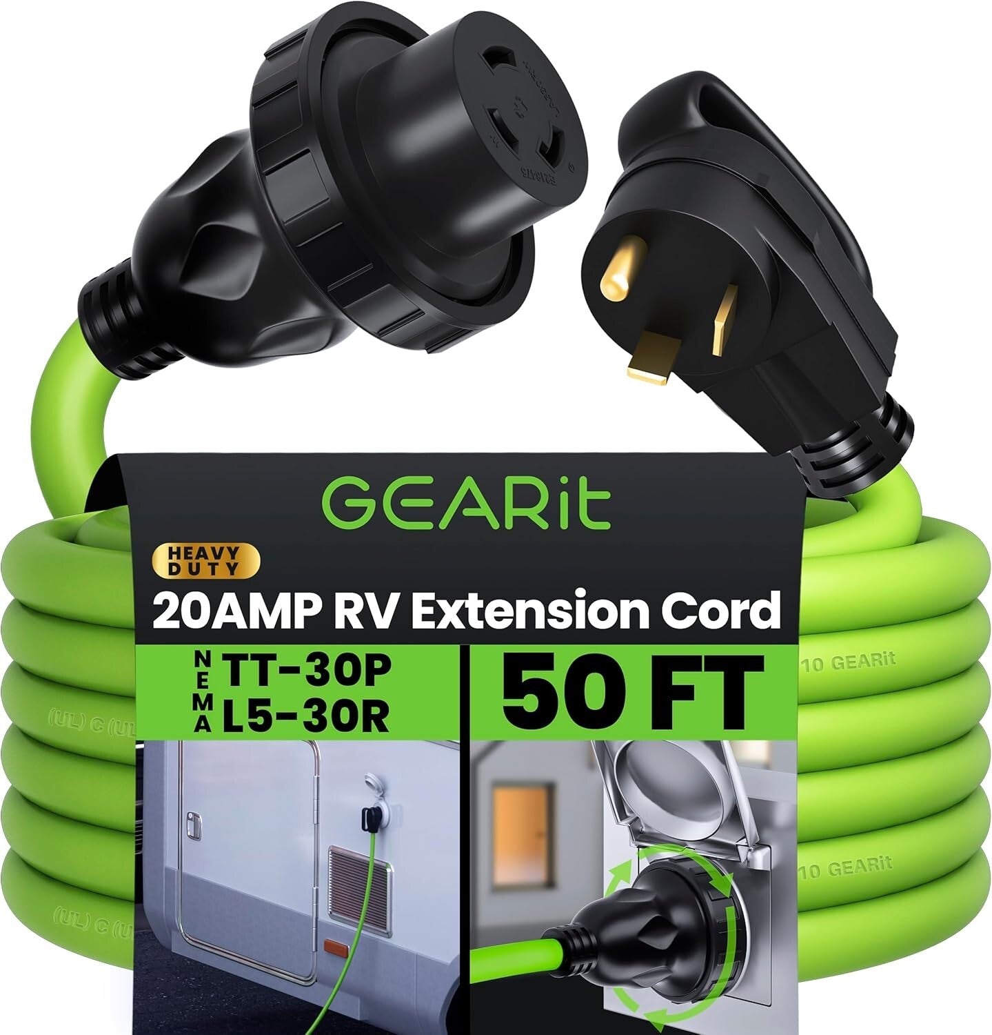 50FT Weather Resistant 20A RV Power Cord with NEMA TT-30P & L5-30R Connectors