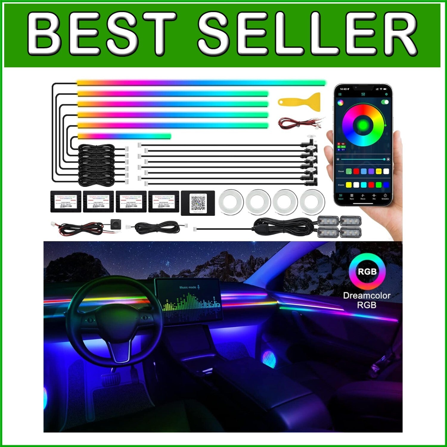 593 LEDs RGB Car Interior Light Strip - Wireless App Control & Sound Active Fun