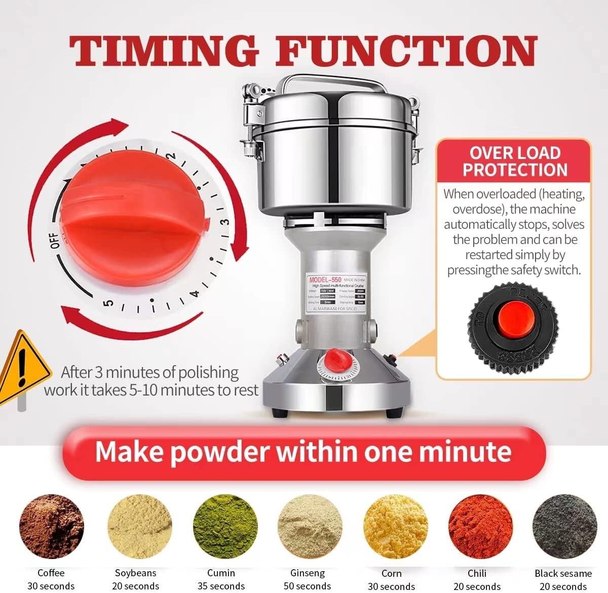 Multipurpose Electric Spice and Herb Grinder - 2000W Power for 550g Capacity