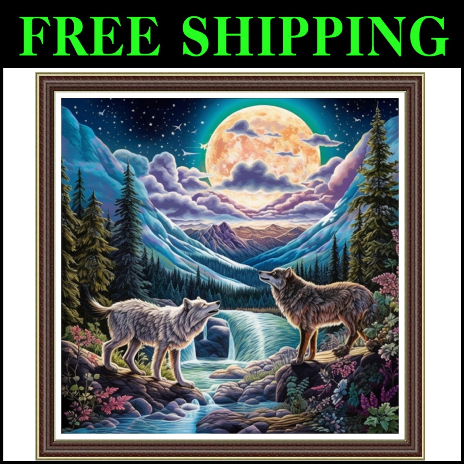 Life-Size Moonlight Wolf Cross Stitch Embroidery Kit for Creative Adults - 17.7"