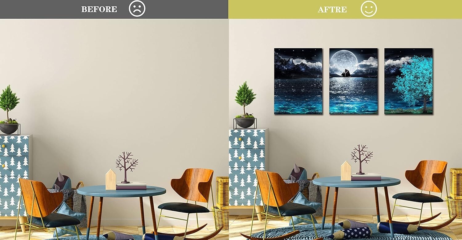 Elegant Teal Moon Wall Art Set - 3 Pieces Canvas for Living Room & Bedroom