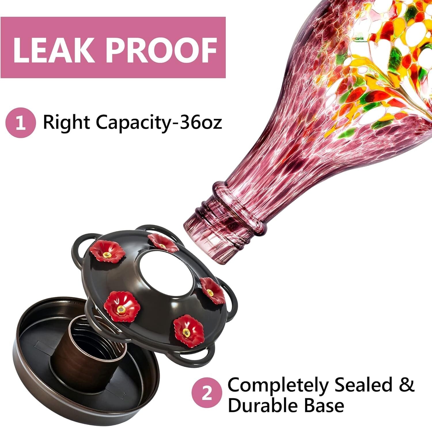 Elegant 36oz Hummingbird Feeder, Leak Proof with Easy Fill Design, Purple Glass