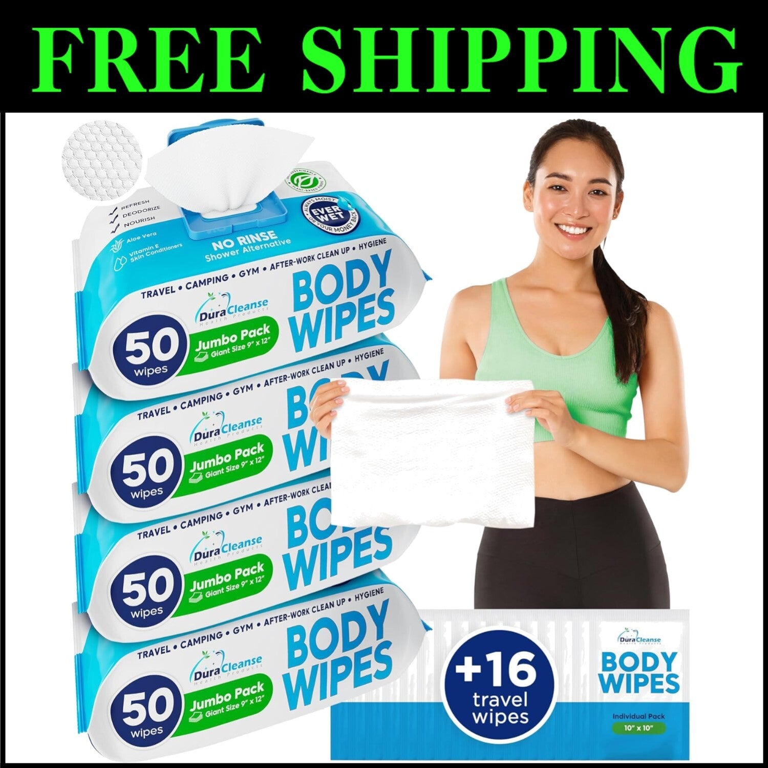 XL No Rinse Body Wipes - 216 Count Shower & Travel Bath Wipes for Sensitive Skin