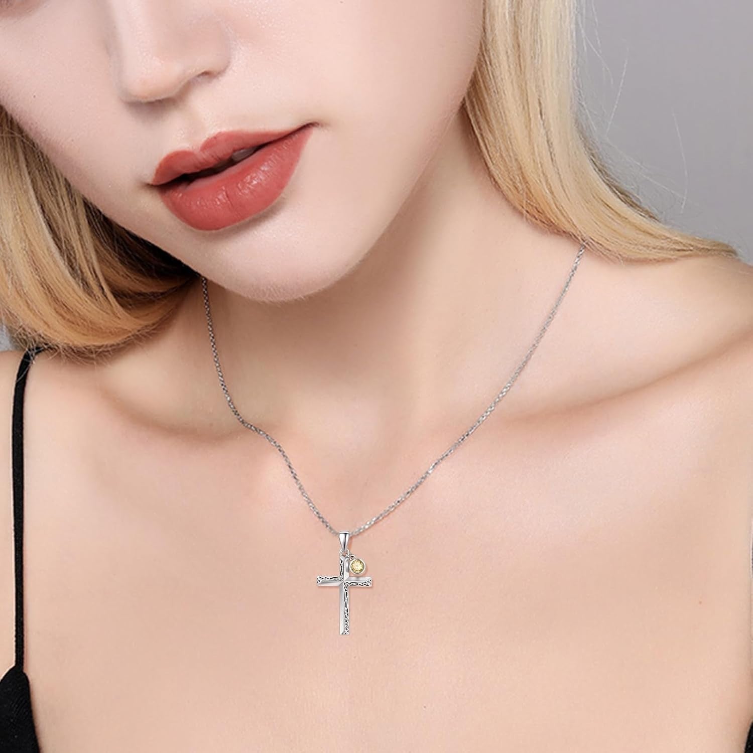 Personalized Birthstone Cross Necklace in 925 Sterling Silver for Men & Women