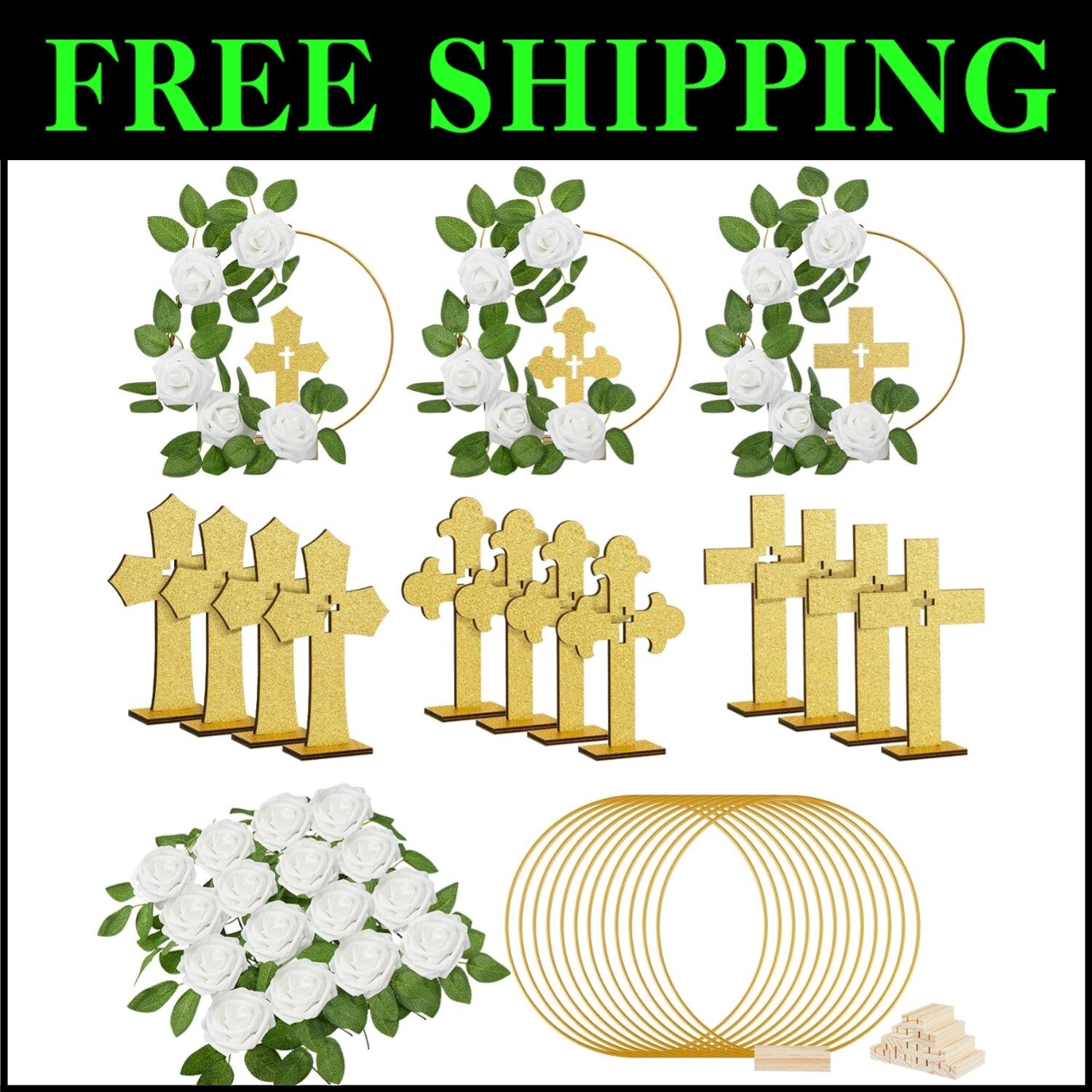 48 Pcs Gold & White Baptism Centerpieces: Wood Crosses, Floral Hoops & Roses