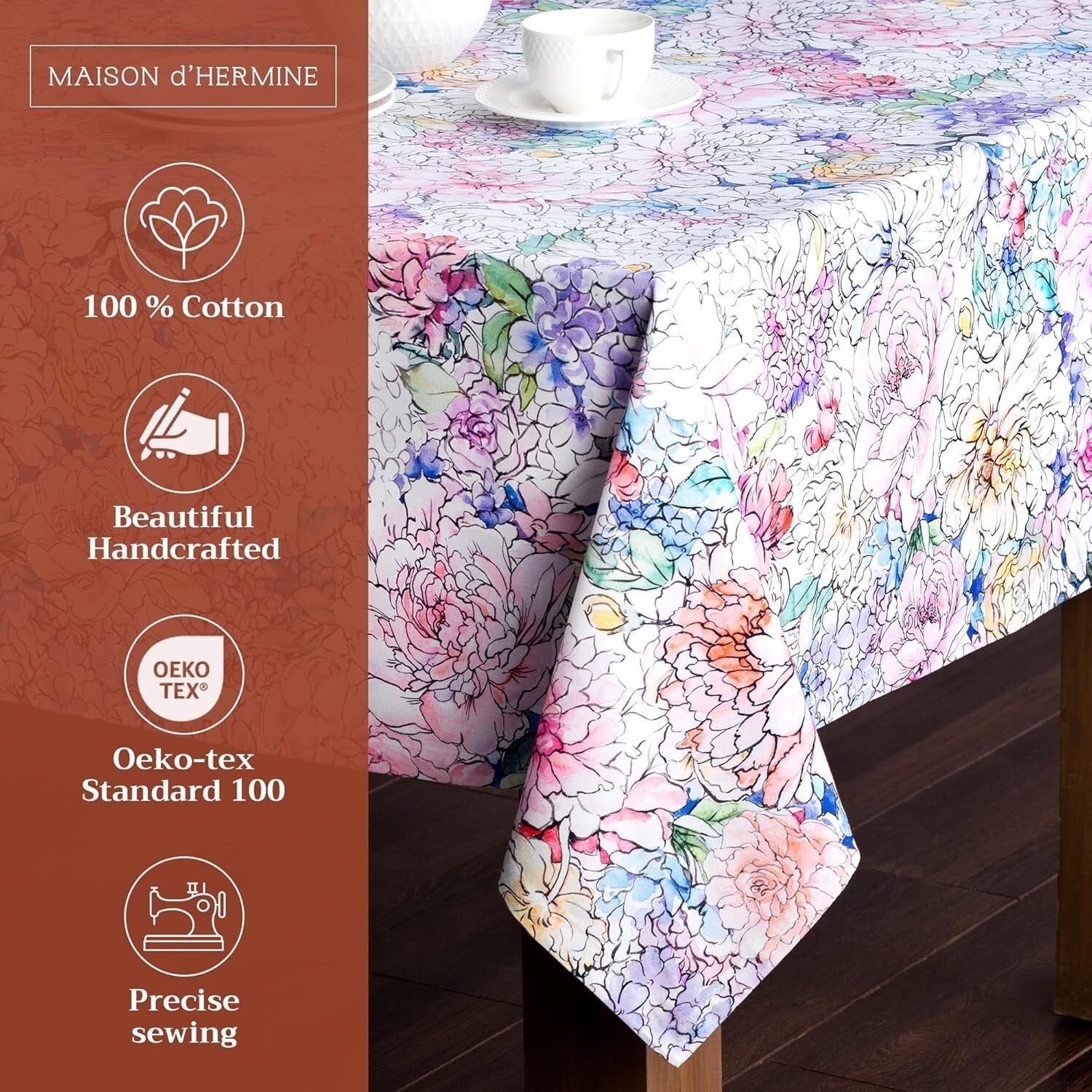 60x90 Rectangular Floral Love Tablecloth - Machine Washable Cotton Elegance