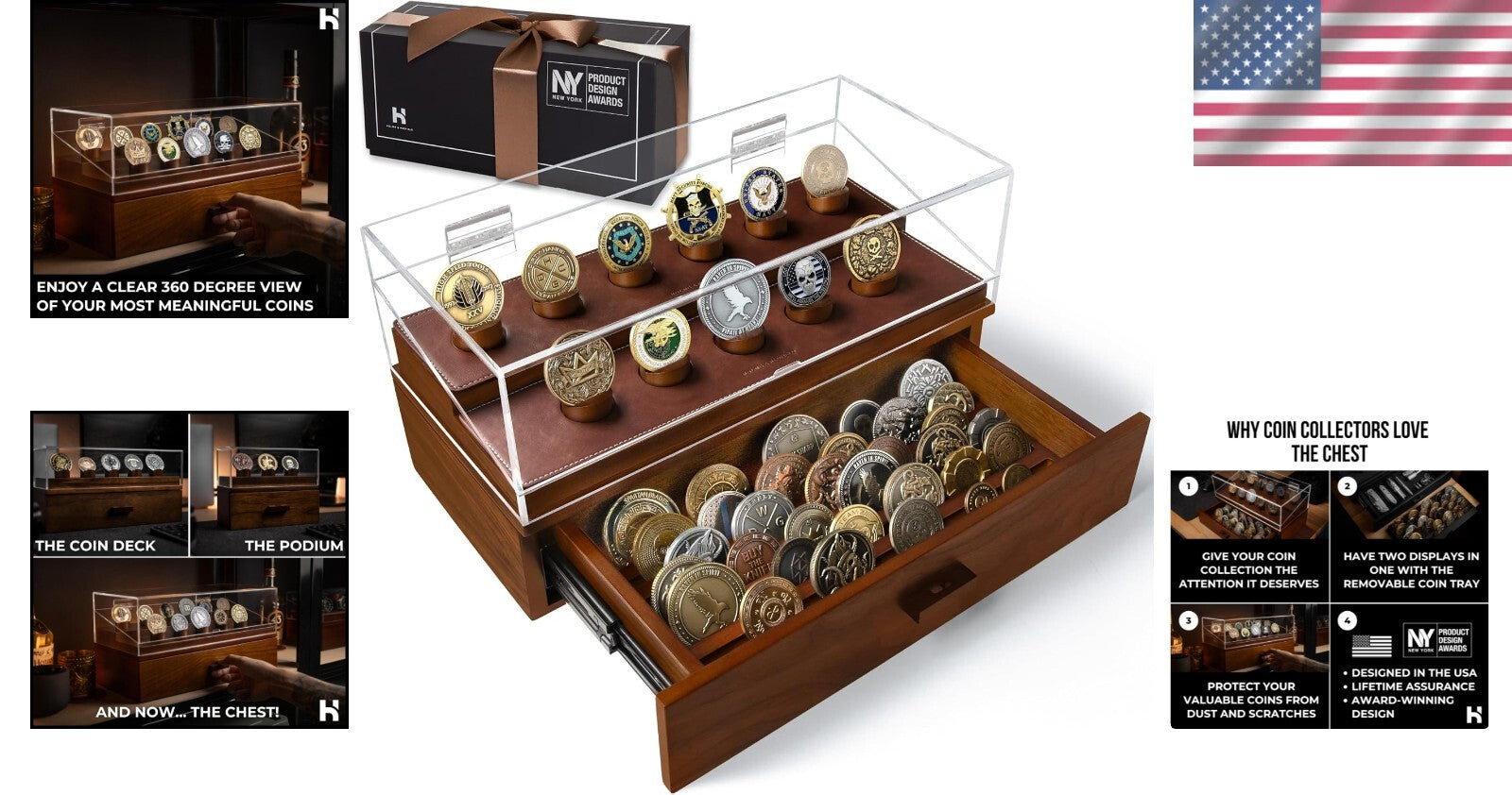 Premium Walnut Coin Display Case for Collectors - Holds 50 Coins with Drawer