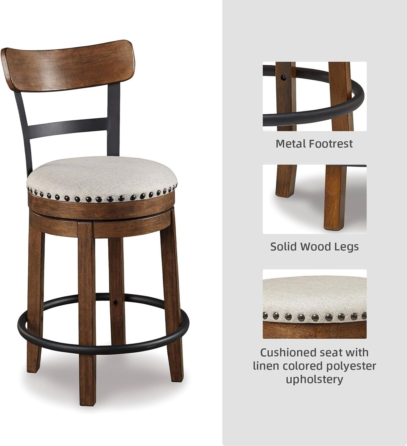 Rustic Farmhouse Swivel Bar Stool - 24.5” Seat Height, Dark Brown Oak Finish