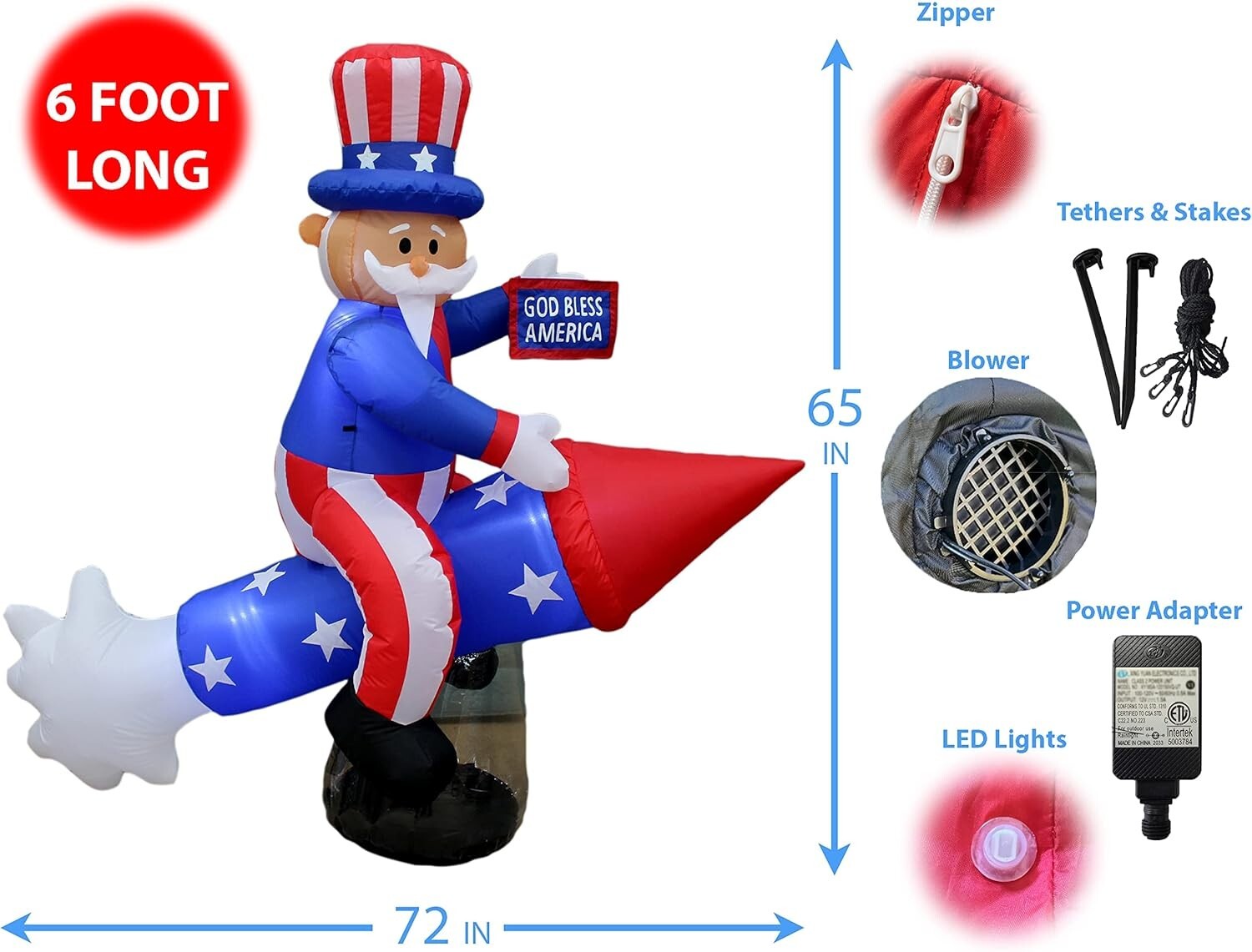 Patriotic 6ft Uncle Sam Inflatable - Easy Install with LED Lights for July 4th