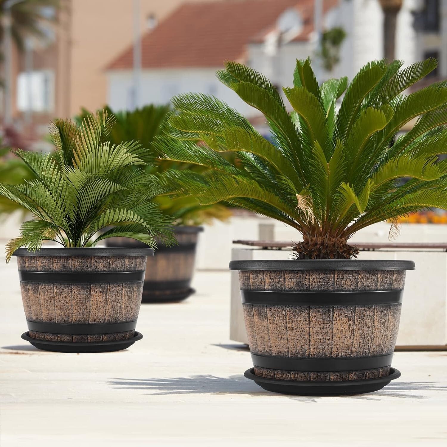 Elegant 14" Round Resin Flower Pots - 5-Gallon Whiskey Barrel Planter Design