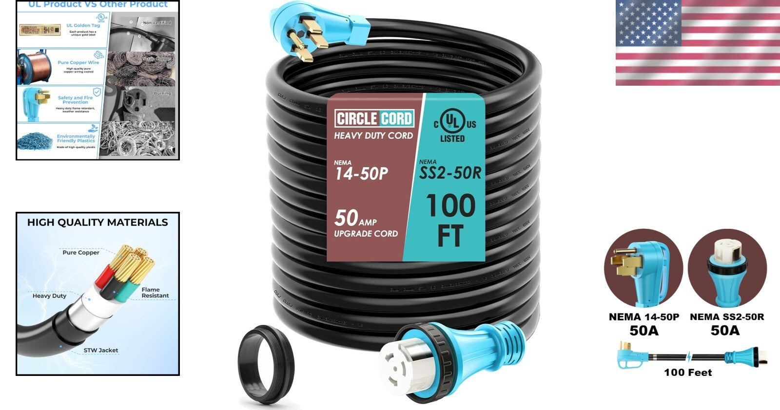 250V 50 Amp RV/Generator Cord 100 Ft with Twist Locking Connector - UL Approved