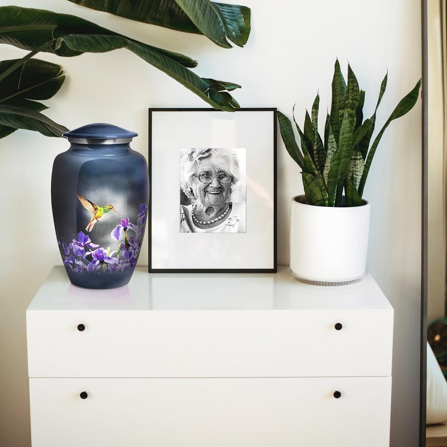 Large Decorative Burial Urn for Human Ashes - 200LB Capacity, Gray Hummingbird