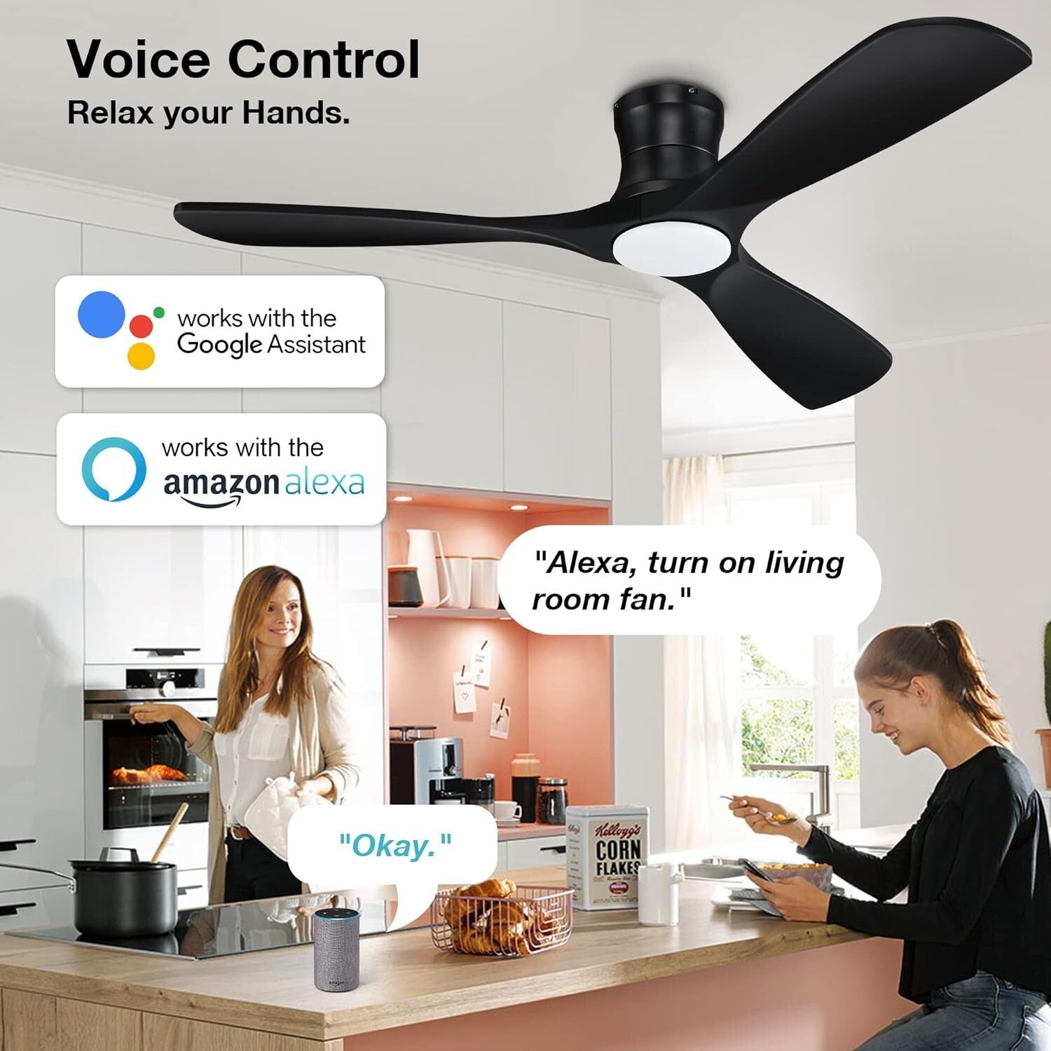 52-Inch Whisper-Quiet Ceiling Fan with Remote & Voice Control - Black Elegance
