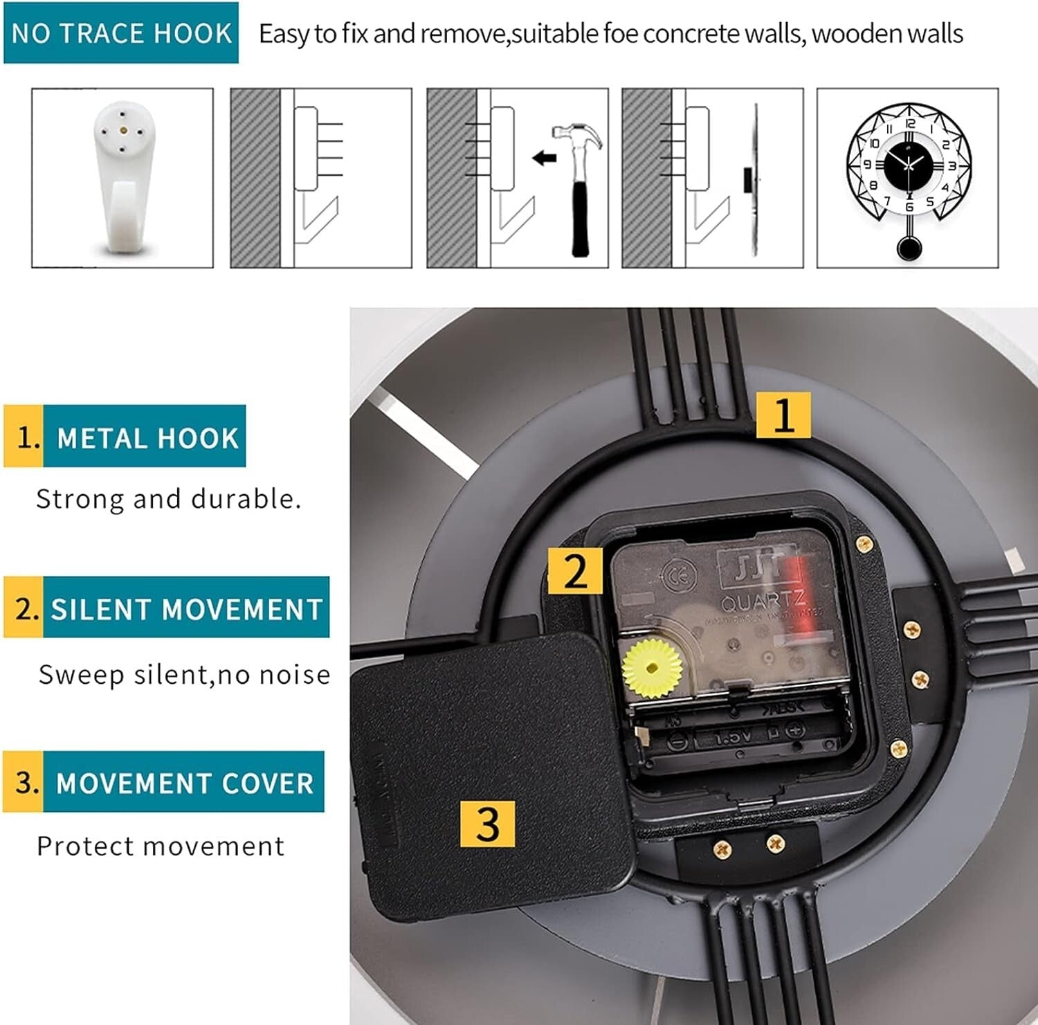 14 Inch Quiet Battery-Operated Wall Clock - Perfect for Living Room & Kitchen