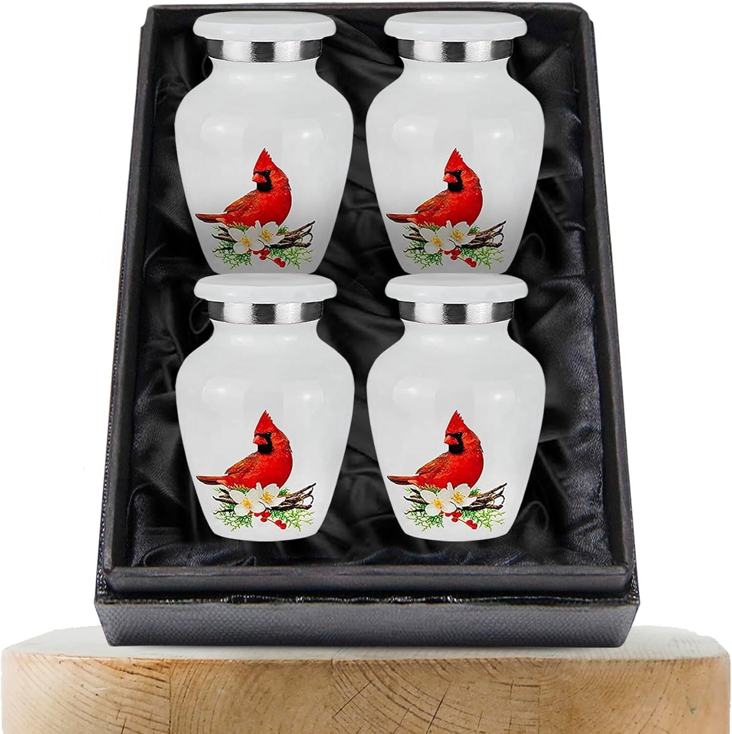 Set of 4 Mini Cremation Urns with Stunning Red Cardinal Design for Keepsakes