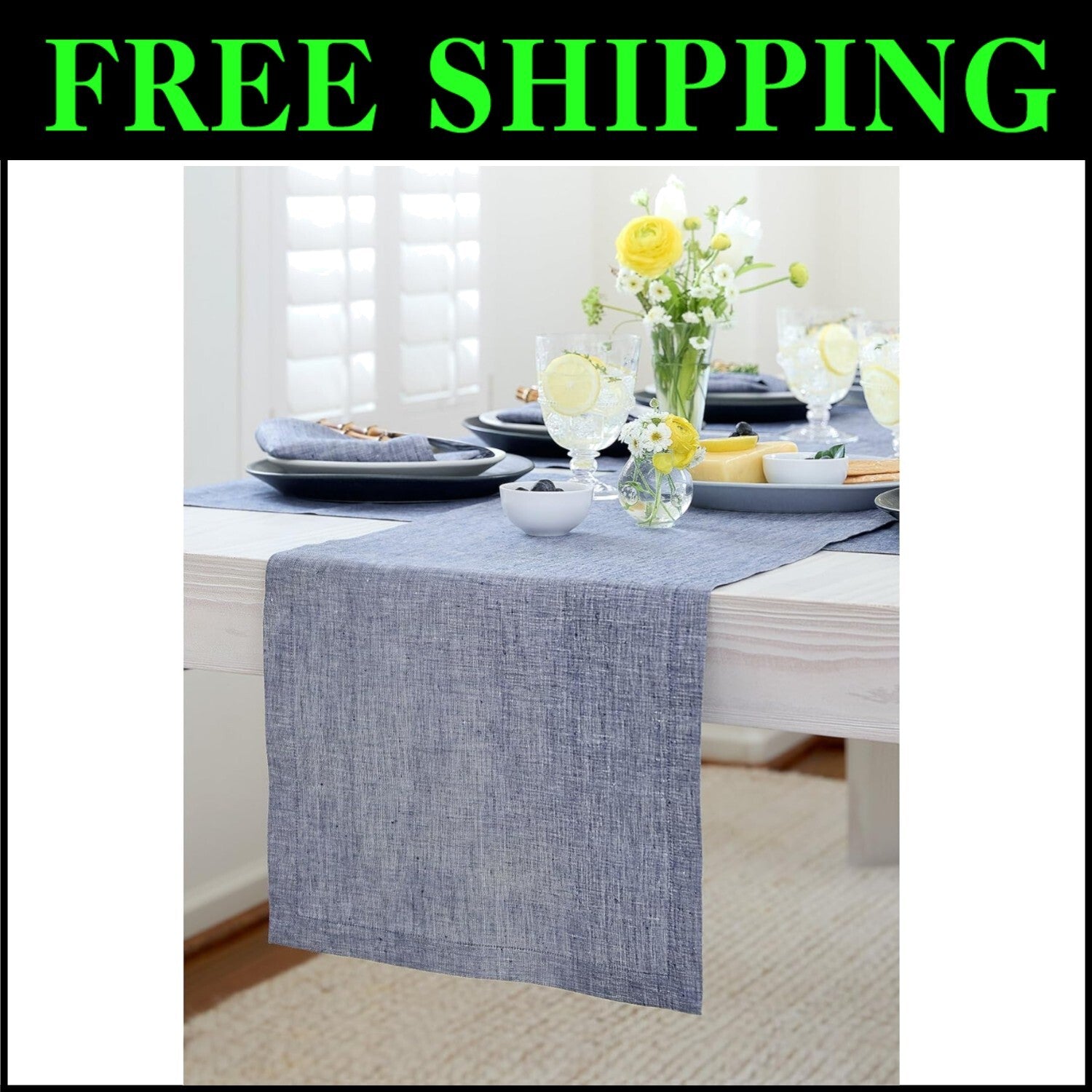 Handcrafted 100% Pure Linen Table Runner - 14 x 108 Inches in Indigo Chambray