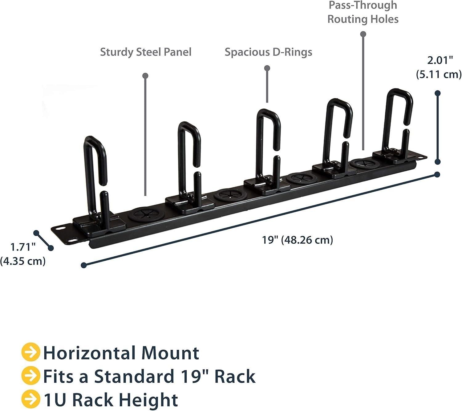 Efficient 1U 19" Cable Organizer: Rack Mount with D-Ring Hooks & Pass-Through
