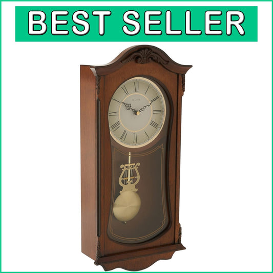 Charming Brown Analog Wall Clock: Walnut Wood, Pendulum, and Roman Numerals