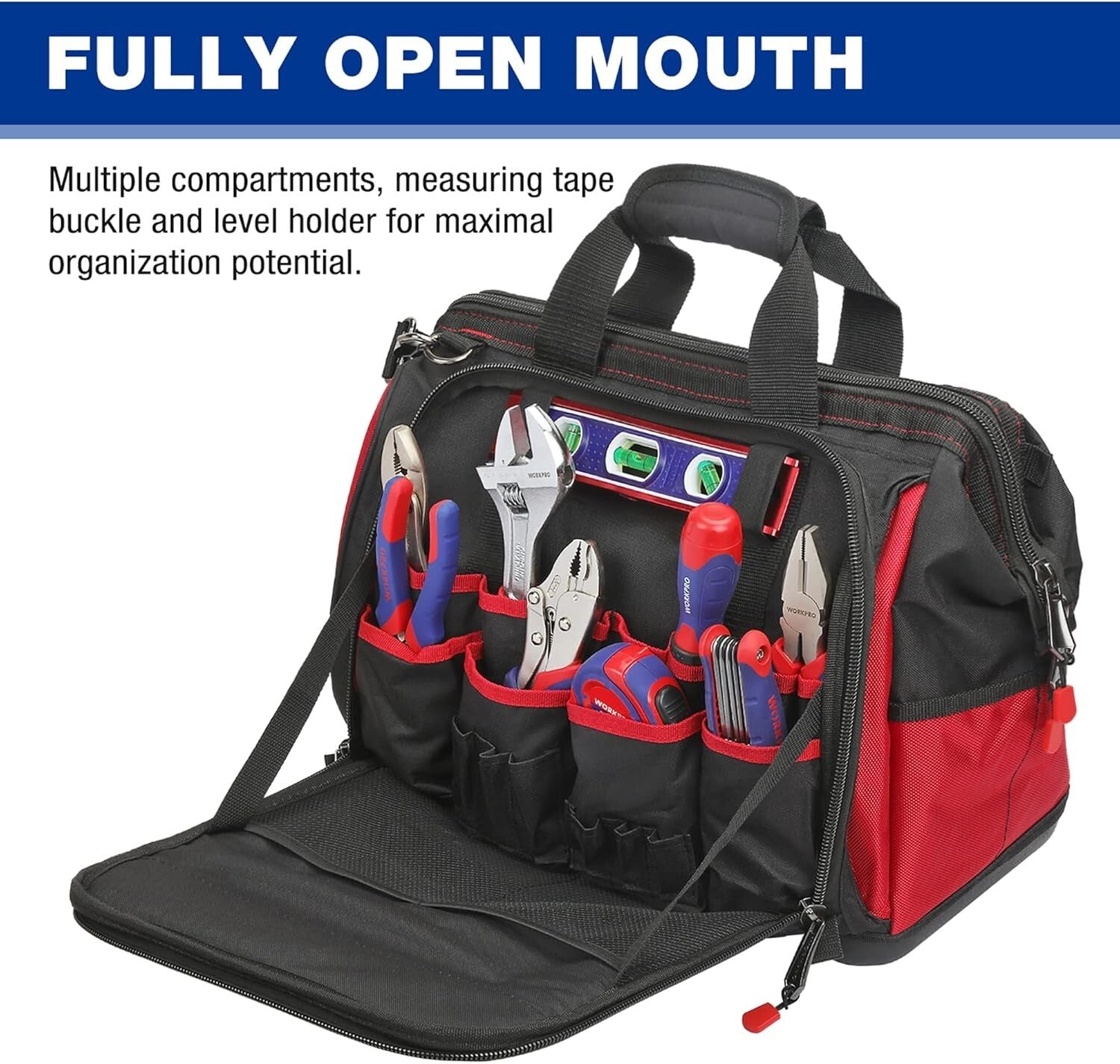 Durable 16" Waterproof Tool Bag with 46 Pocket Multi-Compartment Organizer