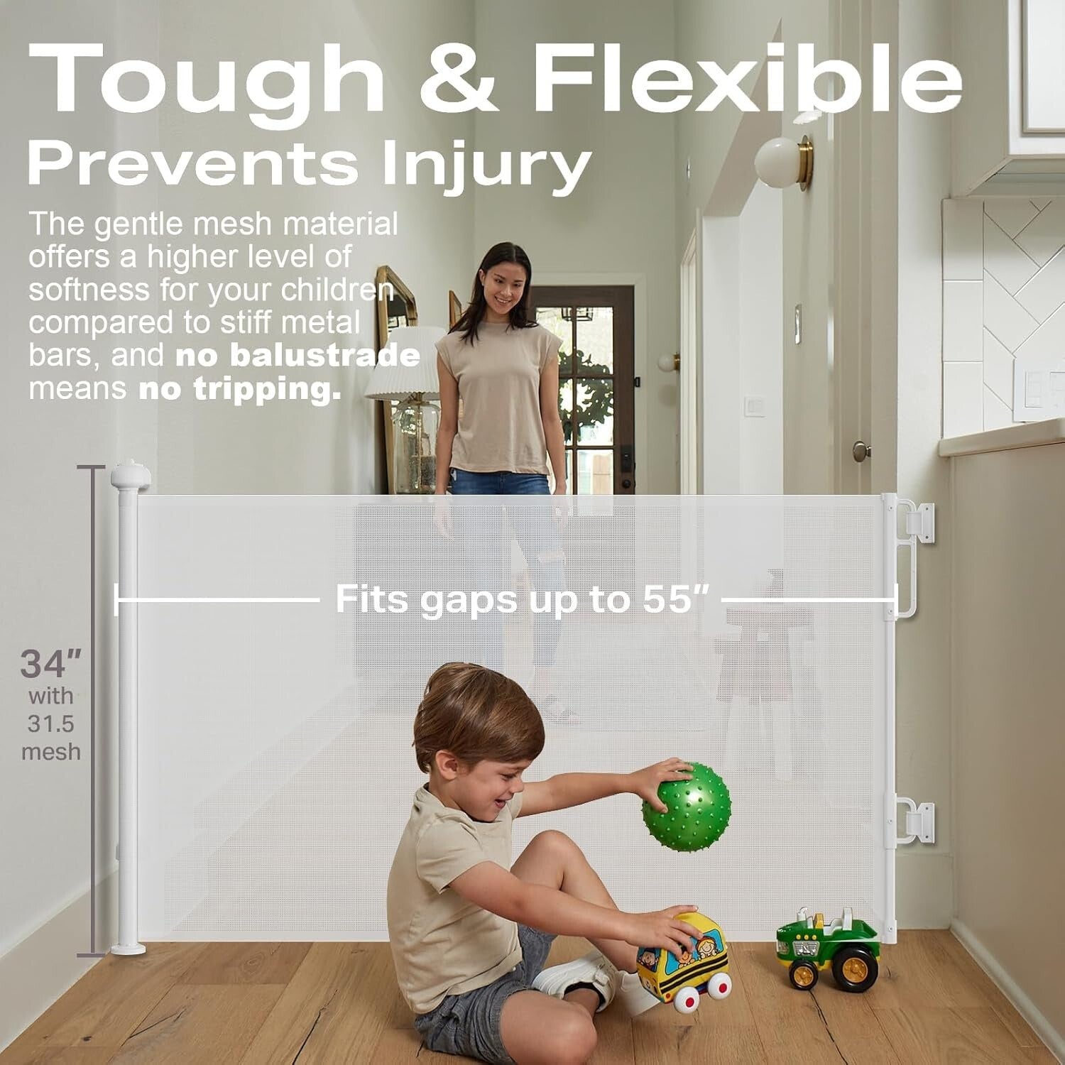 Durable 55" Retractable Baby Gate - Easy One-Handed Operation for Families
