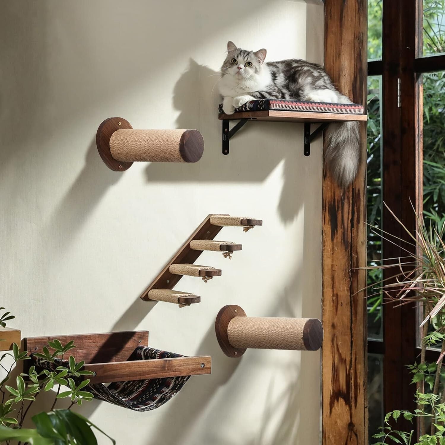 Indoor Cat Wall Shelves - 11.8” Walnut Stairs with Jute Scratch Surface - 2 Sets