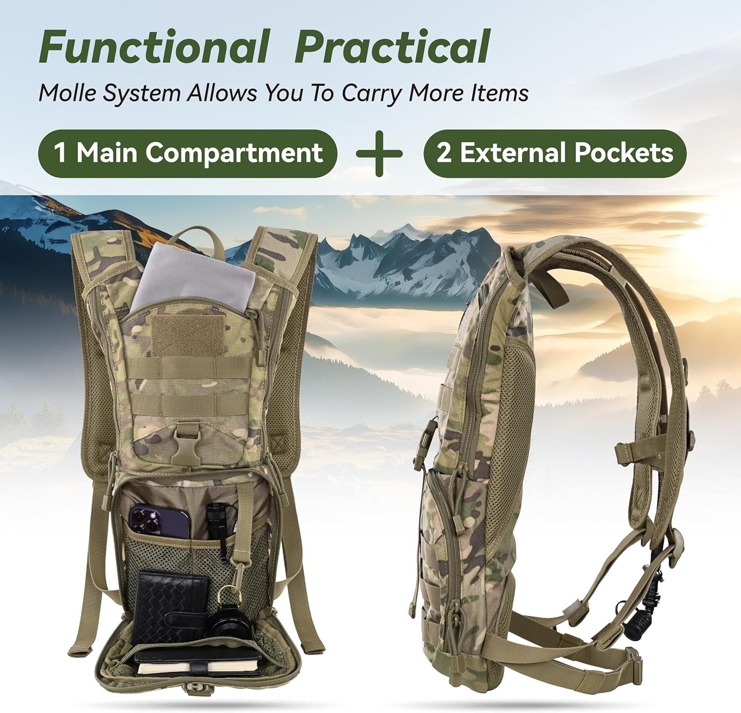 Utility Tactical Daypack with 3L Water Bladder & Streamlined Design for Outdoors