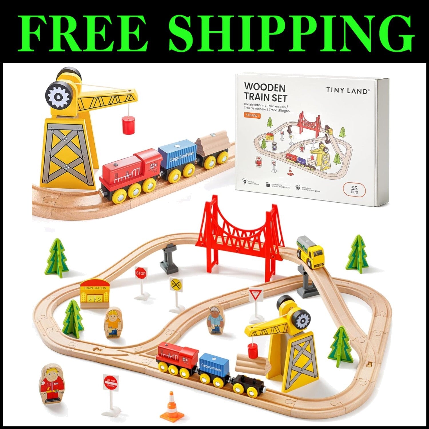Premium Wooden Train Set - 55PCS with Accessories & Crane for Imaginative Play