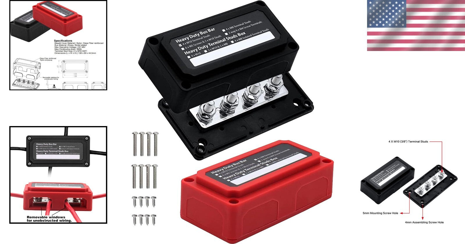 300A Waterproof Power Distribution Block with 4 M10 Terminal Studs - Heavy Duty