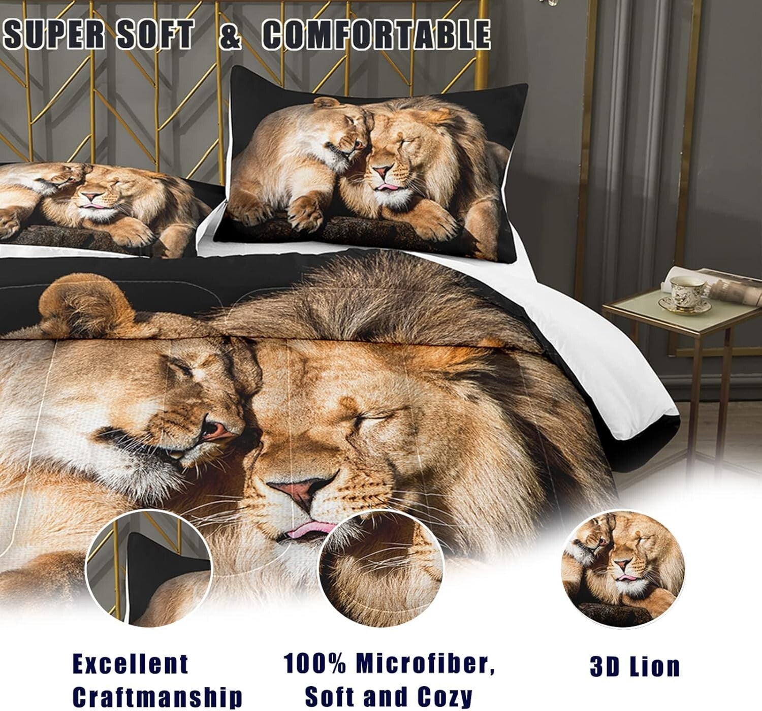 Elegant King Lion Bedding Set - Machine Washable Microfiber Quilt and Shams