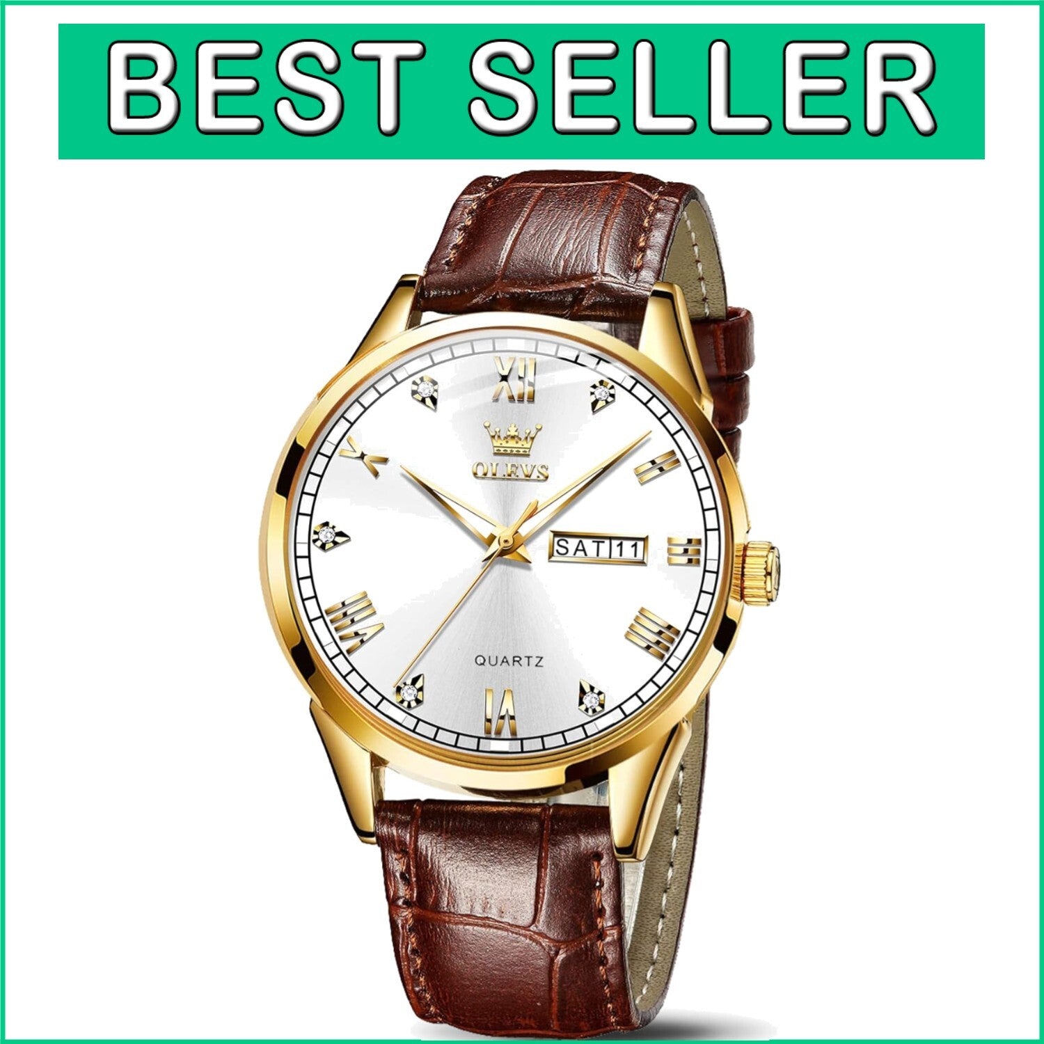 Elegant 39mm Brown Leather Dress Watch with Gold Case & Waterproof Feature